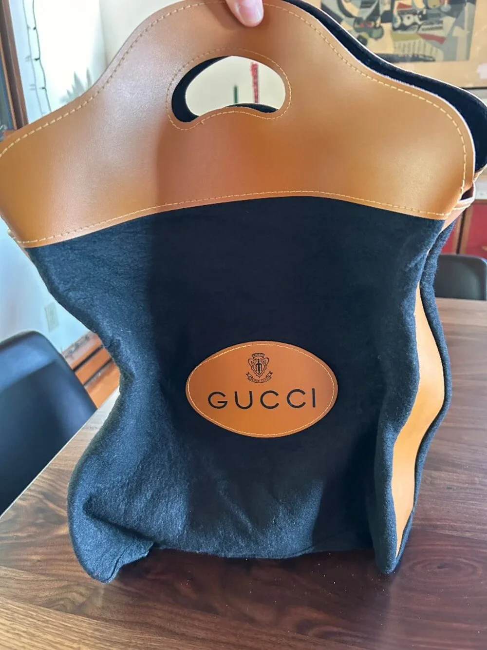 Gucci Black Wool Felt Leather Cutout Handle Tote Bag - Vintage 70's